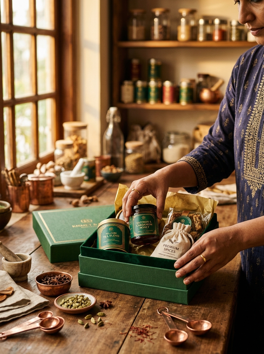 Artisan carefully curating premium DELICUOS food gifts