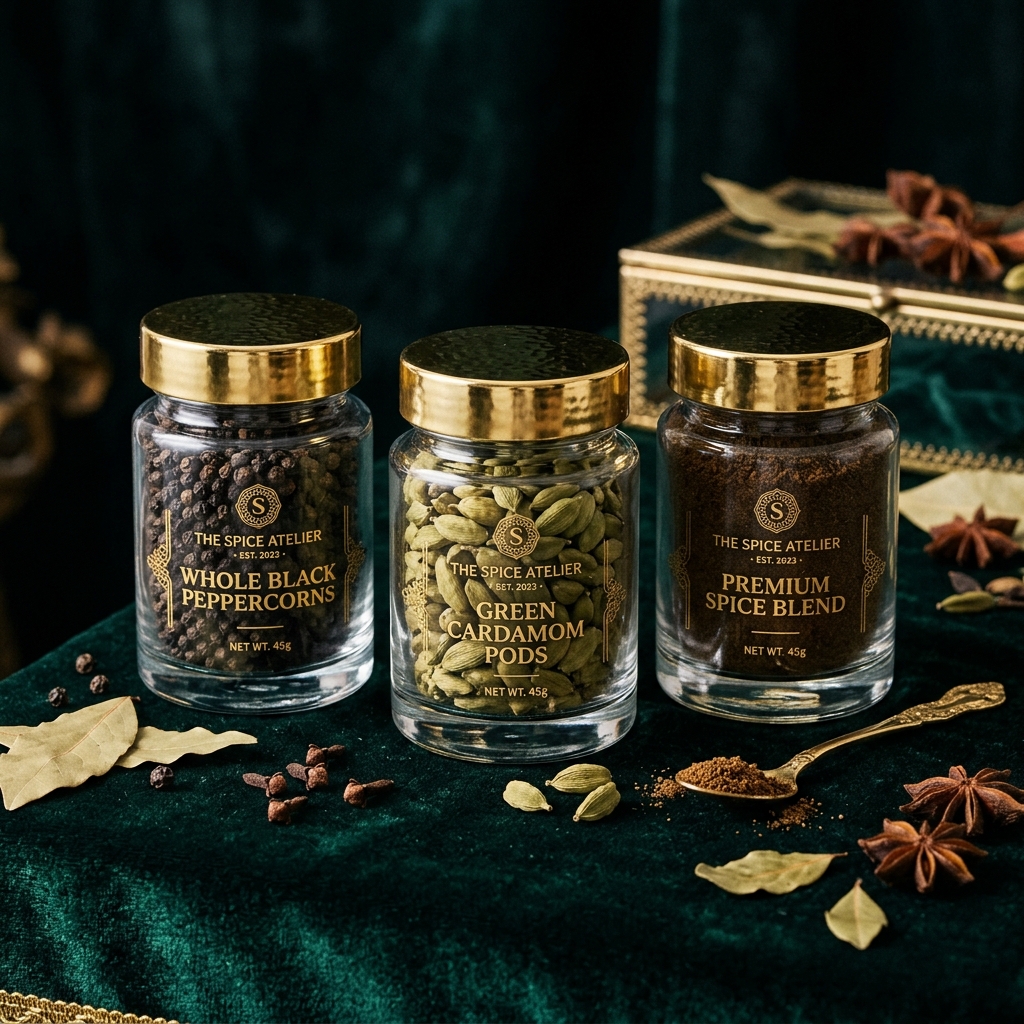 Premium signature spice collection with black pepper and cardamom