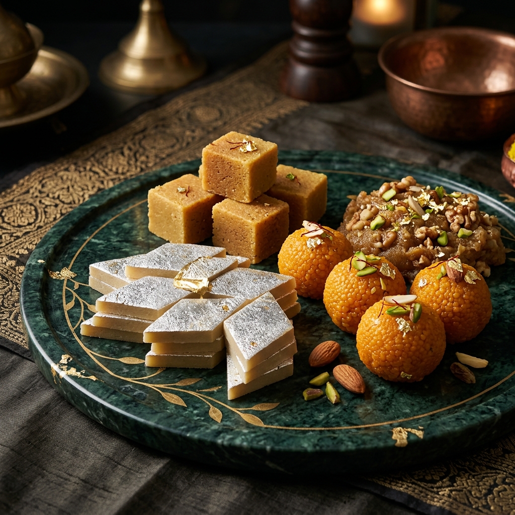 Heritage Indian sweets collection with Kaju Katli and Mysore Pak